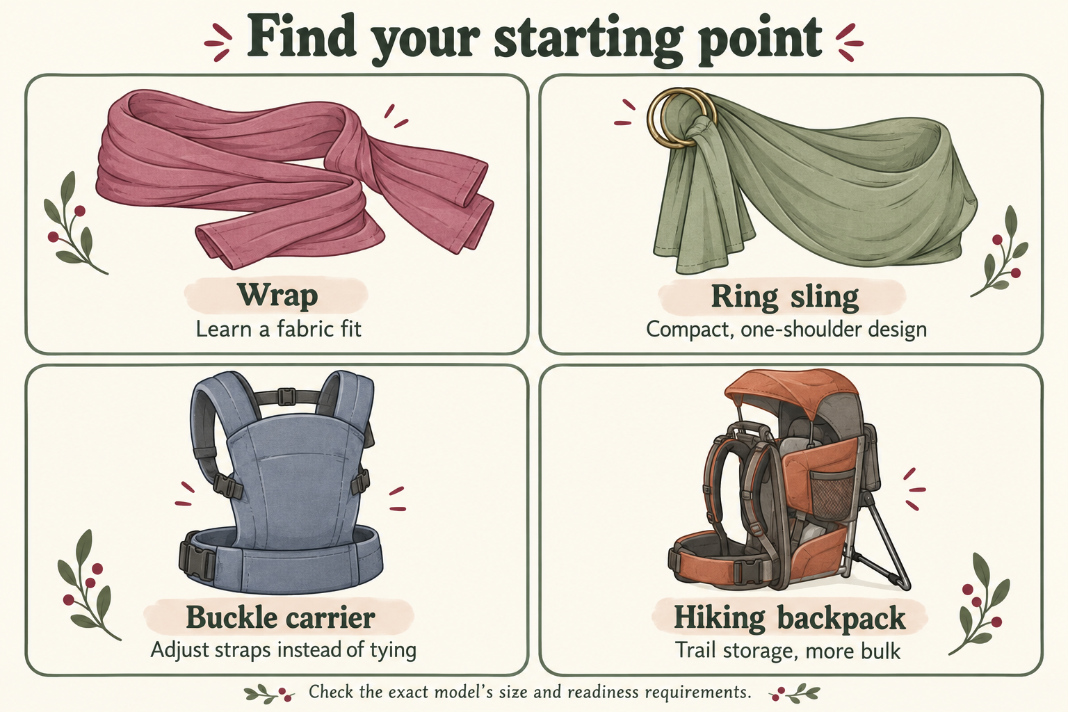 Wraps offer a fabric fit; ring slings have one-shoulder loading; buckle carriers use straps; hiking backpacks add storage and bulk.