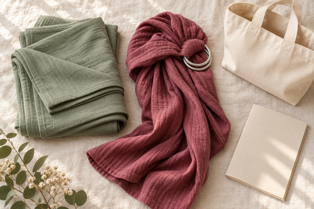 Sage wrap fabric and berry ring sling laid out on ivory linen.