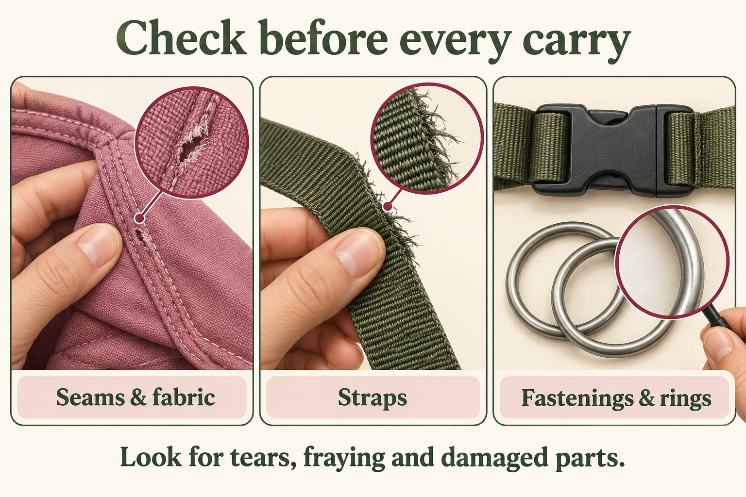 Inspect seams and fabric for tears, straps for fraying, and fastenings and rings for damage.