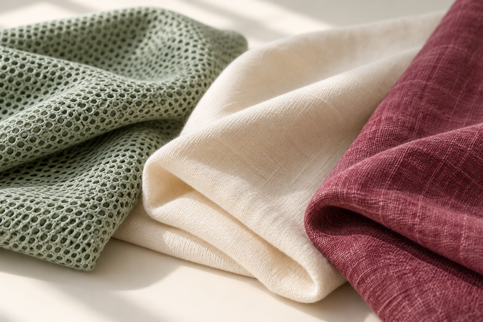 Mesh, cotton and linen fabric textures.