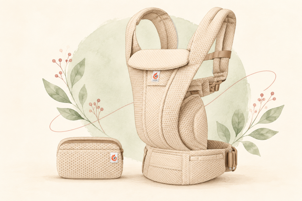 Illustration of the Ergobaby Omni Deluxe Mesh Natural Beige carrier and matching pouch.
