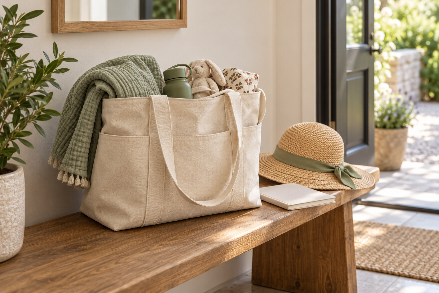 A tote and everyday essentials ready for an outing.