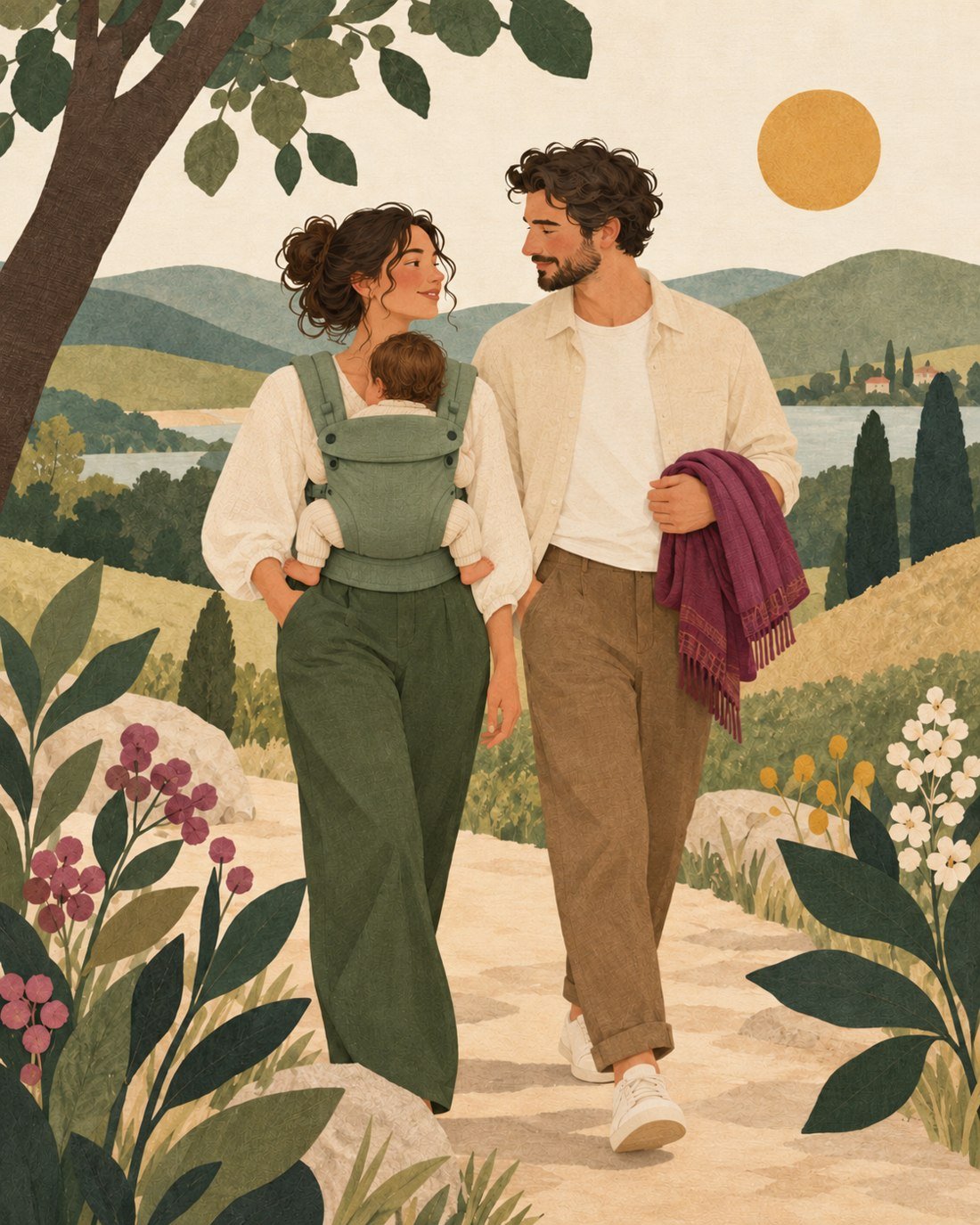 Original illustration of two parents walking together with a baby in a carrier.