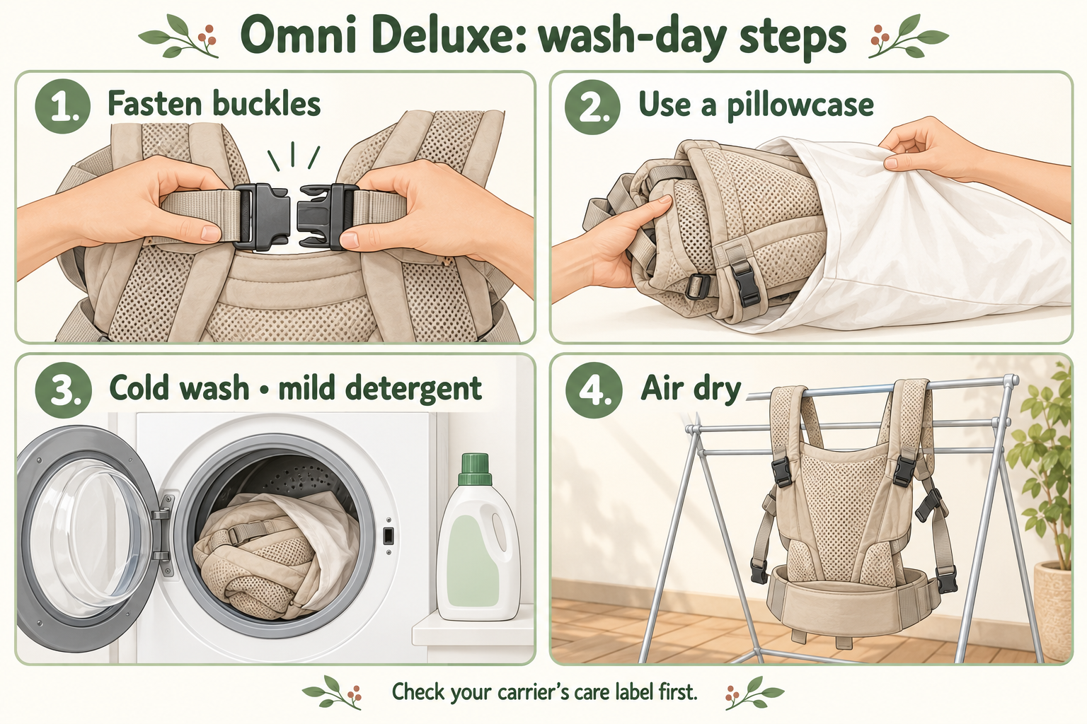 Fasten buckles, use a pillowcase, wash cold with mild detergent, and air dry.